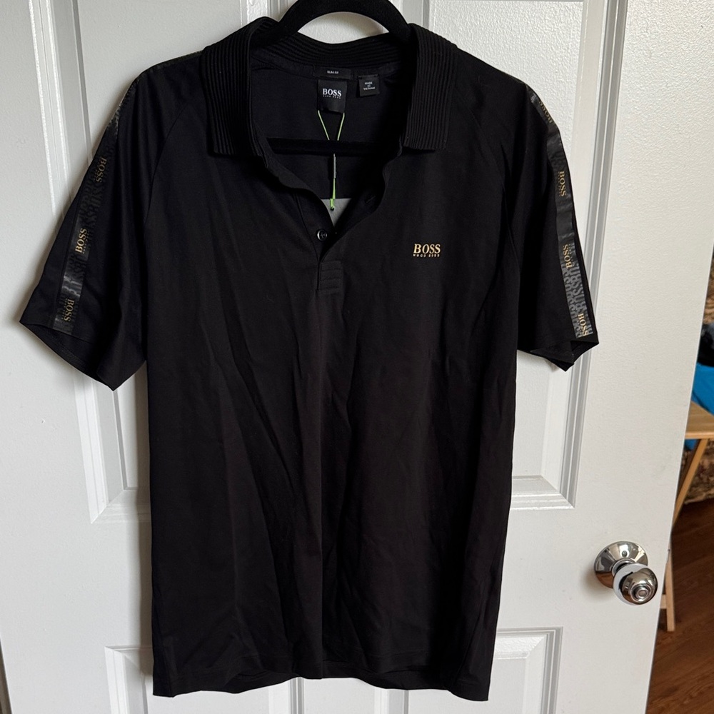 NWT BOSS Black Polo with Gold Logo and Branded Sleeve Tape